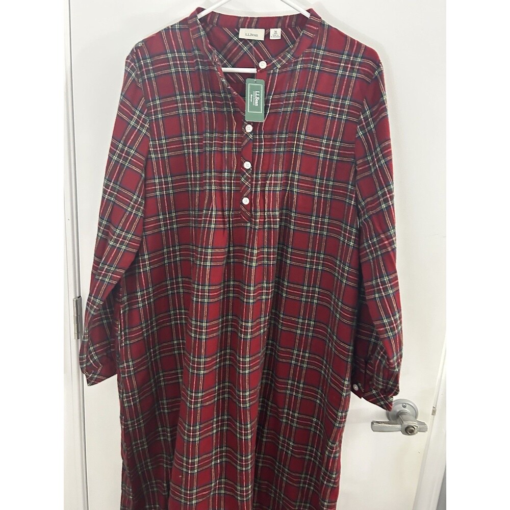 LL Bean Nightgown Womens Medium Plaid Flannel Red Scotch Tartan Pajamas Cottage - Picture 2 of 10